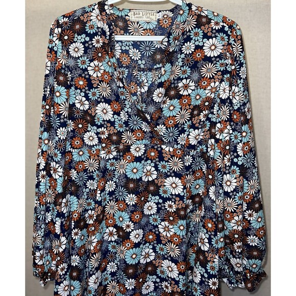 FLORAL WITH METALLIC THREAD SPLIT NECK LONG SLEEVE BOHO DRESS SIZE L - Picture 3 of 4